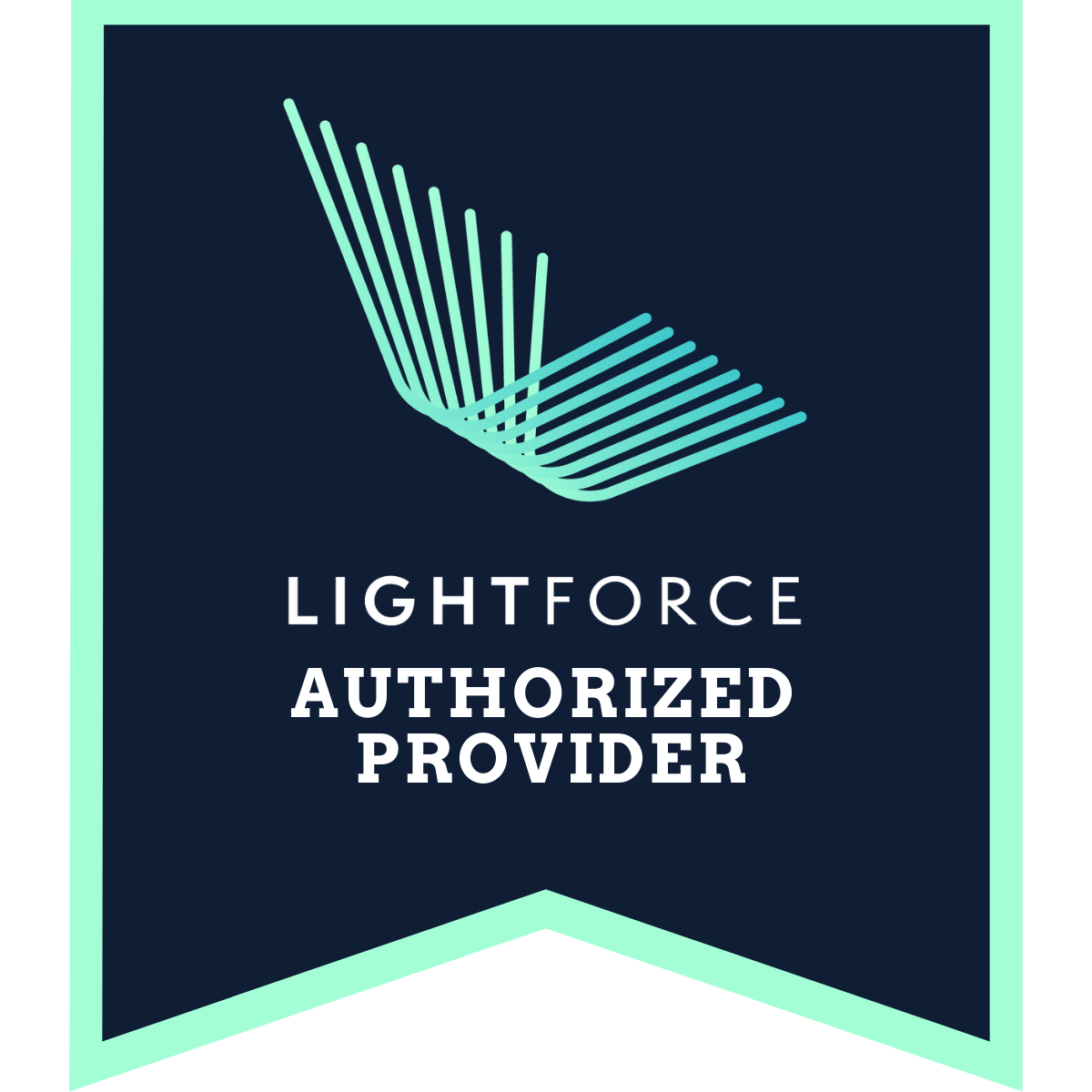 Lightforce Authorized Provider badge with mint green lines on dark background.