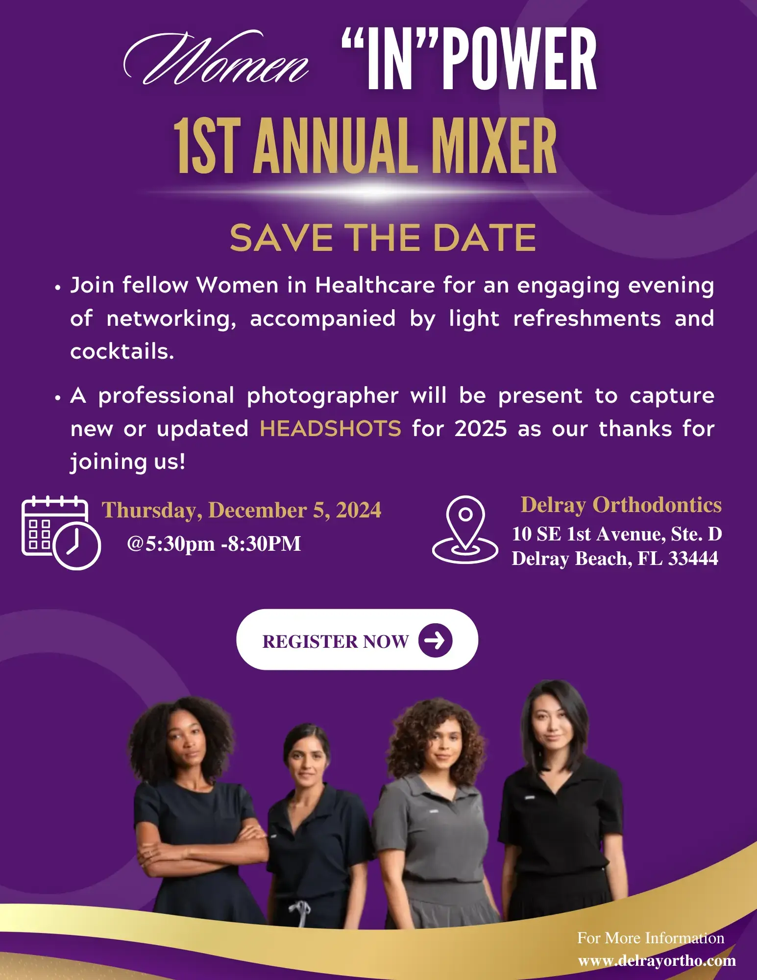 Women in Healthcare networking mixer event flyer for Delray Orthodontics on December 5, 2024.